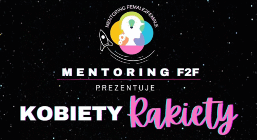 Logo Fundacji Mentoring F2F i Kobiety Rakiety na tle kosmicznego nieba