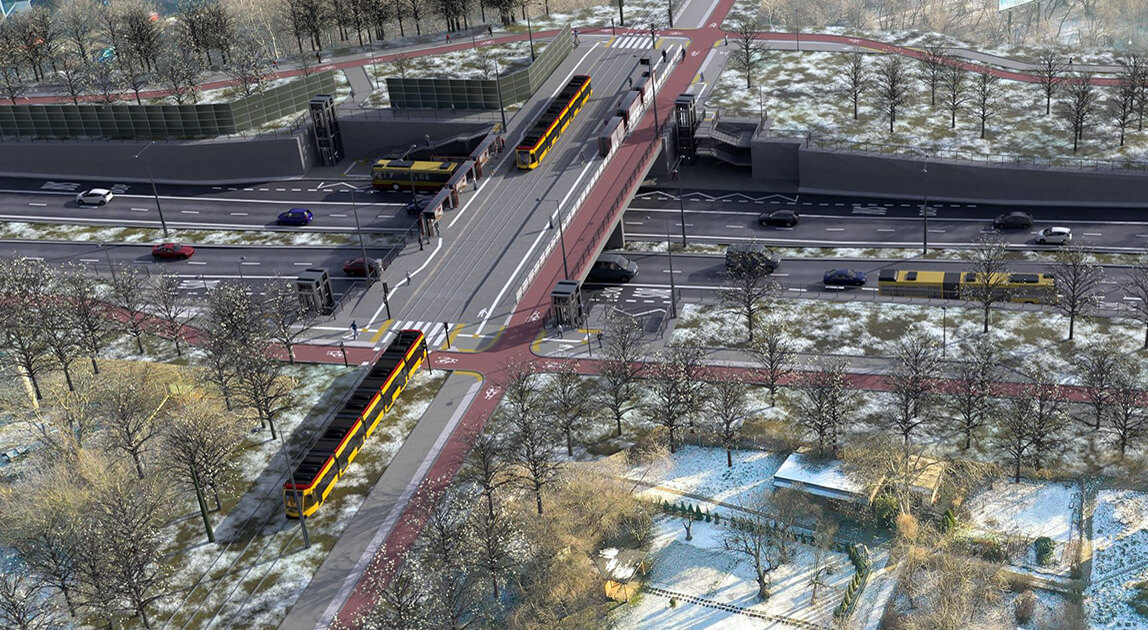 Wizualizacja torowiska tramwajowego w rejonie Trasy Łazienkowskiej - tramwaj na Gocław