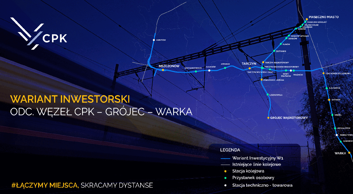 Mapa przebiegu linii kolejowej CPK – Grójec – Warka – wariant inwestorski