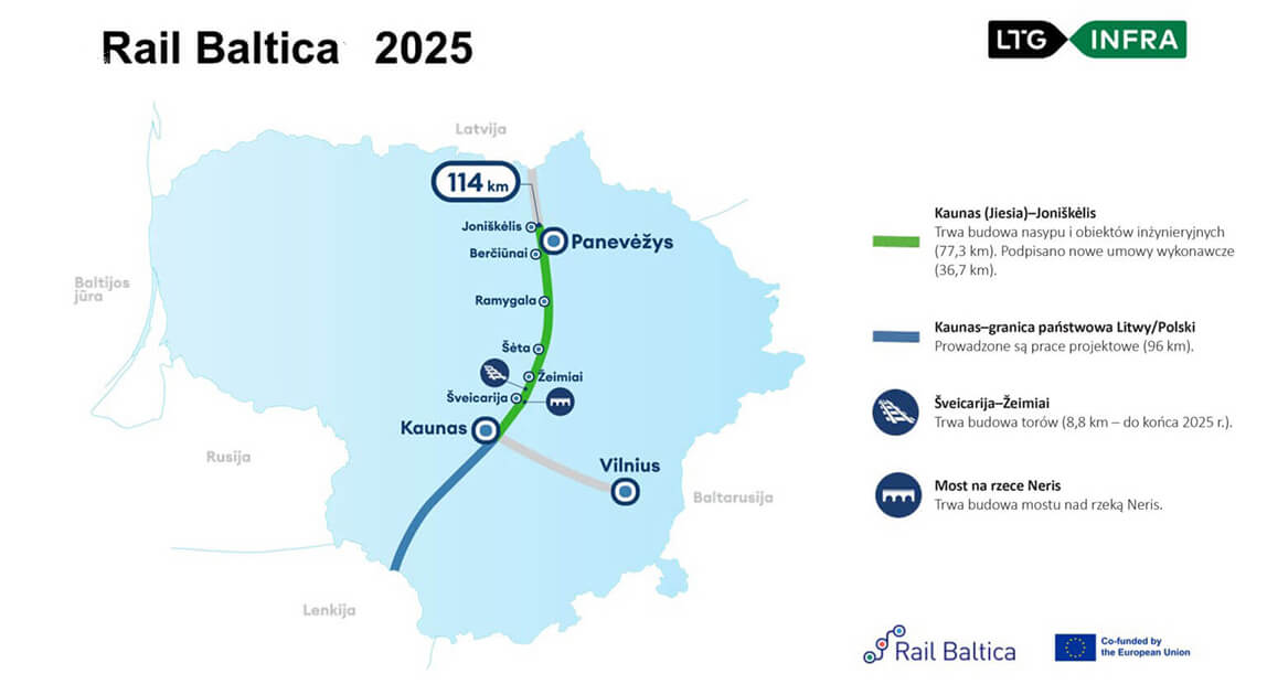 Mapa odcinka Rail Baltica realizowanego przez Kauno tiltai