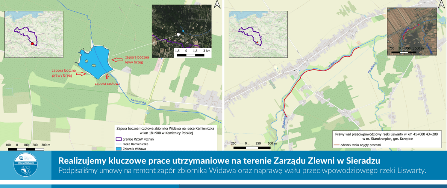 Prace utrzymaniowe Zarząd Zlewni w Sieradzu – remont zapór zbiornika Widawa, naprawa wału rzeki Liswarty