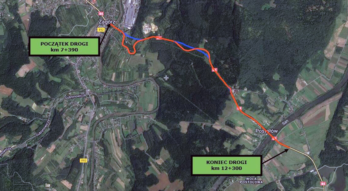 Mapa inwestycji – przetarg rozbudowa DK84 Zagórz – Lesko