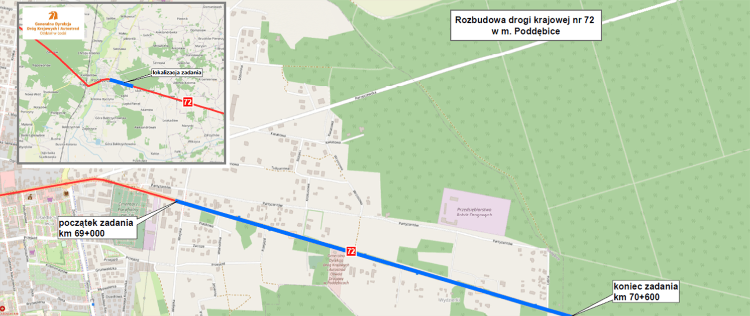 Mapa projektu – rozbudowa DK72 w Poddębicach