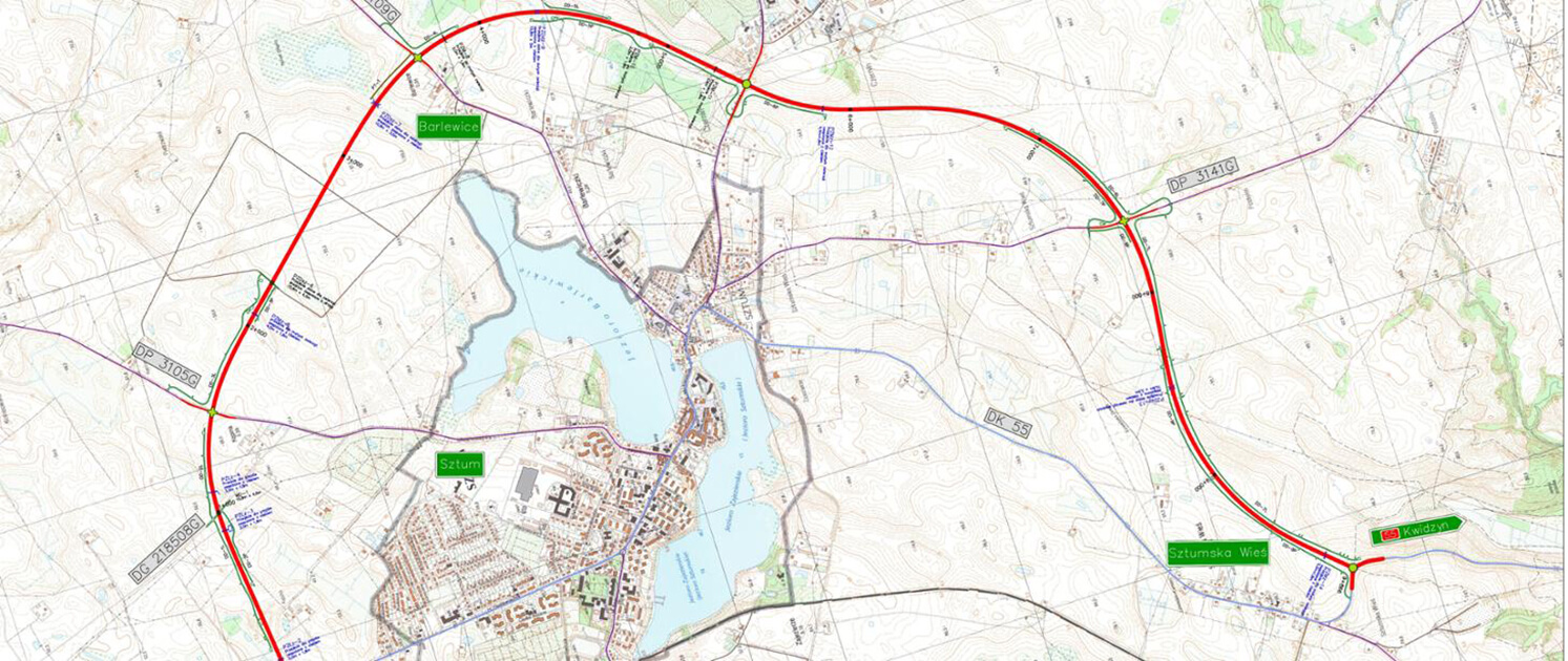 Mapa planowanej obwodnicy Sztumu w ciągu DK55 - wniosek o wydanie ZRID dla obwodnicy Sztumu