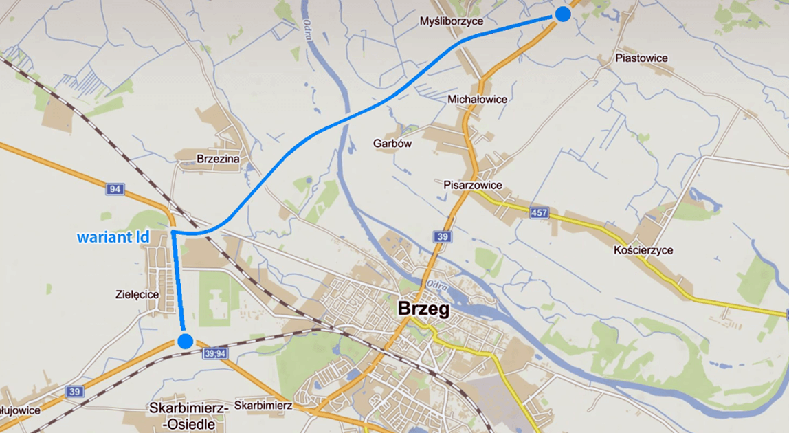 Mapa przebiegu obwodnicy Brzegu – wariant W1d