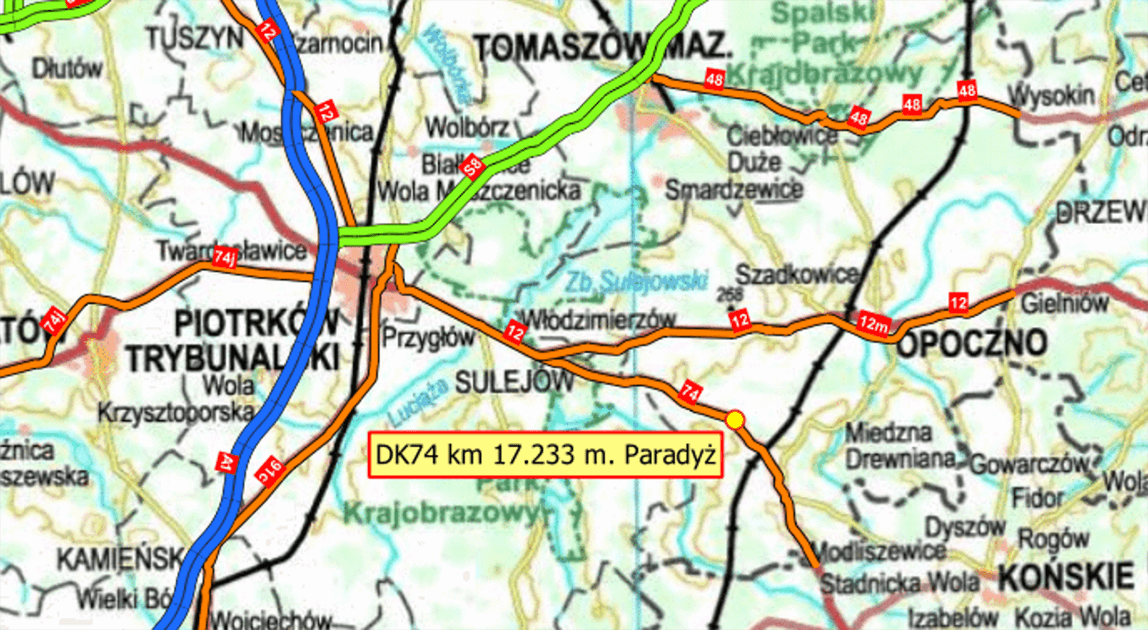 Przetarg na poprawę bezpieczeństwa na DK74 w Paradyżu - mapa