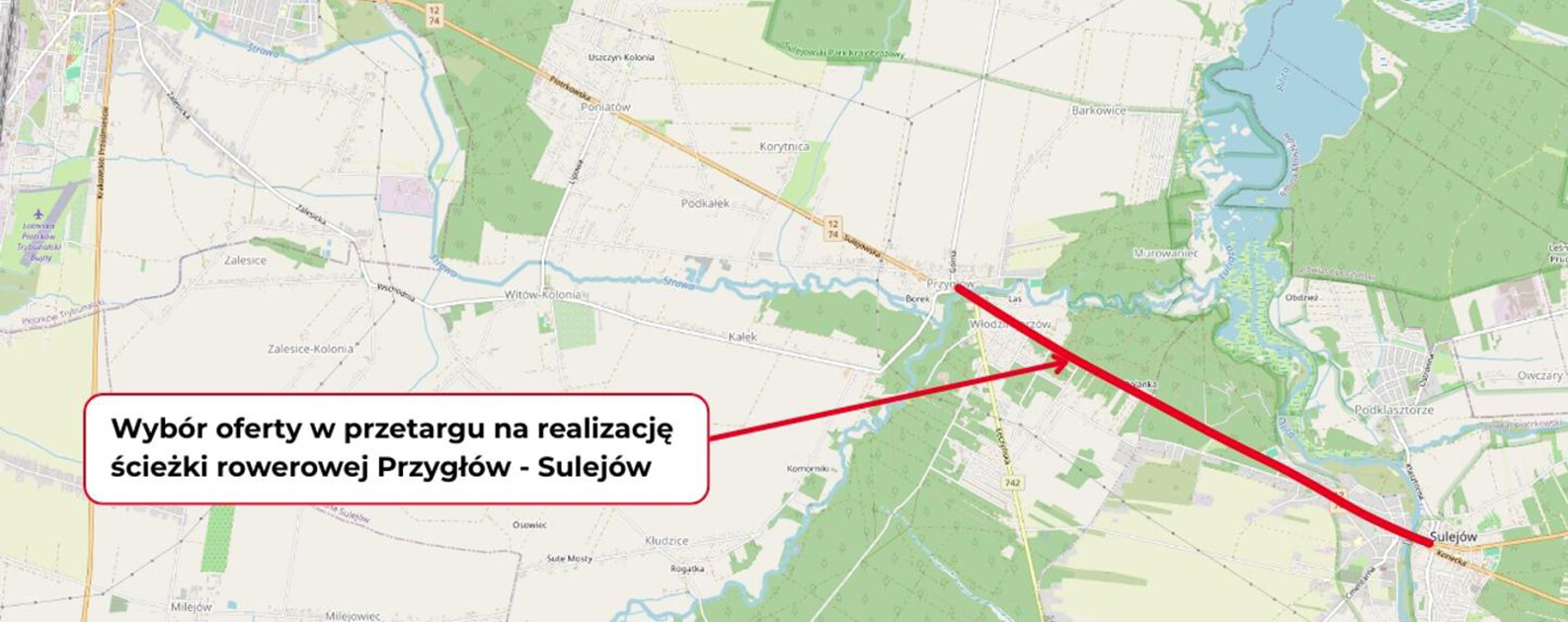 Powstanie ścieżka rowerowa w ciągu DK12 Przygłów – Sulejów – plan przebiegu trasy