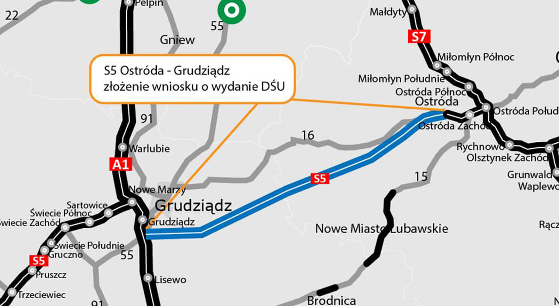 Mapa trasy S5 Ostróda – Grudziądz