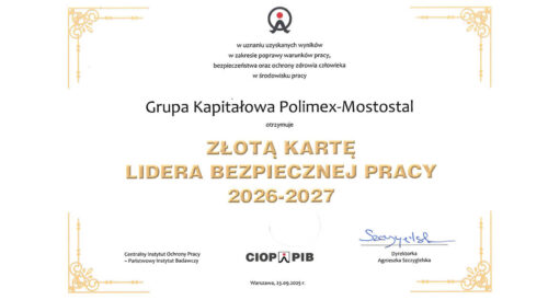Złota Karta Lidera Bezpiecznej Pracy – nagrodzona Grupa Kapitałowa Polimex Mostostal