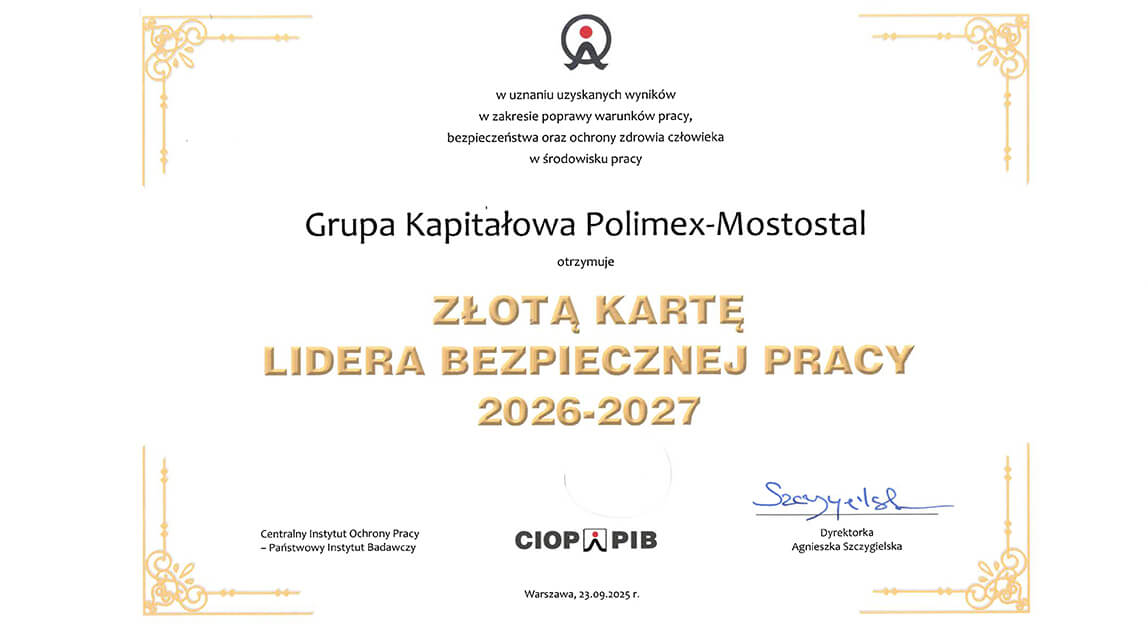 Złota Karta Lidera Bezpiecznej Pracy – nagrodzona Grupa Kapitałowa Polimex Mostostal