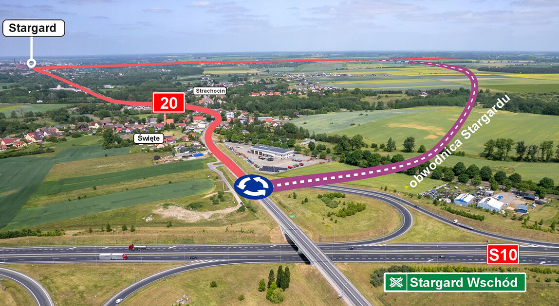 Wizualizacja przebiegu obwodnicy Stargardu w ciągu DK20