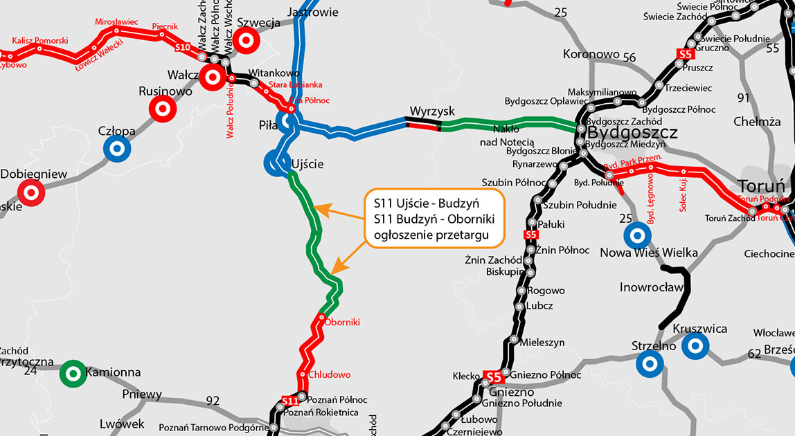 Ogłoszenie przetargu S11 Ujście – Oborniki – planowany przebieg drogi