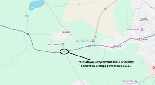 Rondo w okolicach Komorowa – schemat planowanej przebudowy skrzyżowania DK35