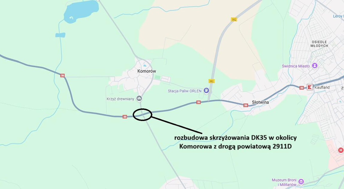 Rondo w okolicach Komorowa – schemat planowanej przebudowy skrzyżowania DK35