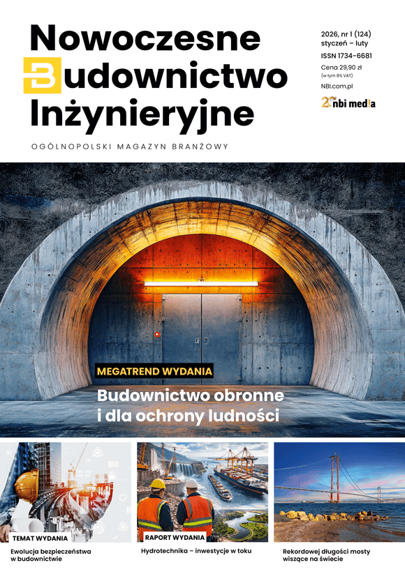 Okładka czasopisma Nowoczesne Budownictwo Inżynieryjne, wydanie styczeń - luty 2026 prezentująca megatrend wydania Budownictwo obronne i dla ochrony ludności, temat wydania Ewolucja bezpieczeństwa w budownictwie, raport wydania Hydrotechnika – inwestycje w toku i artykuł Rekordowej długości mosty wiszące na świecie