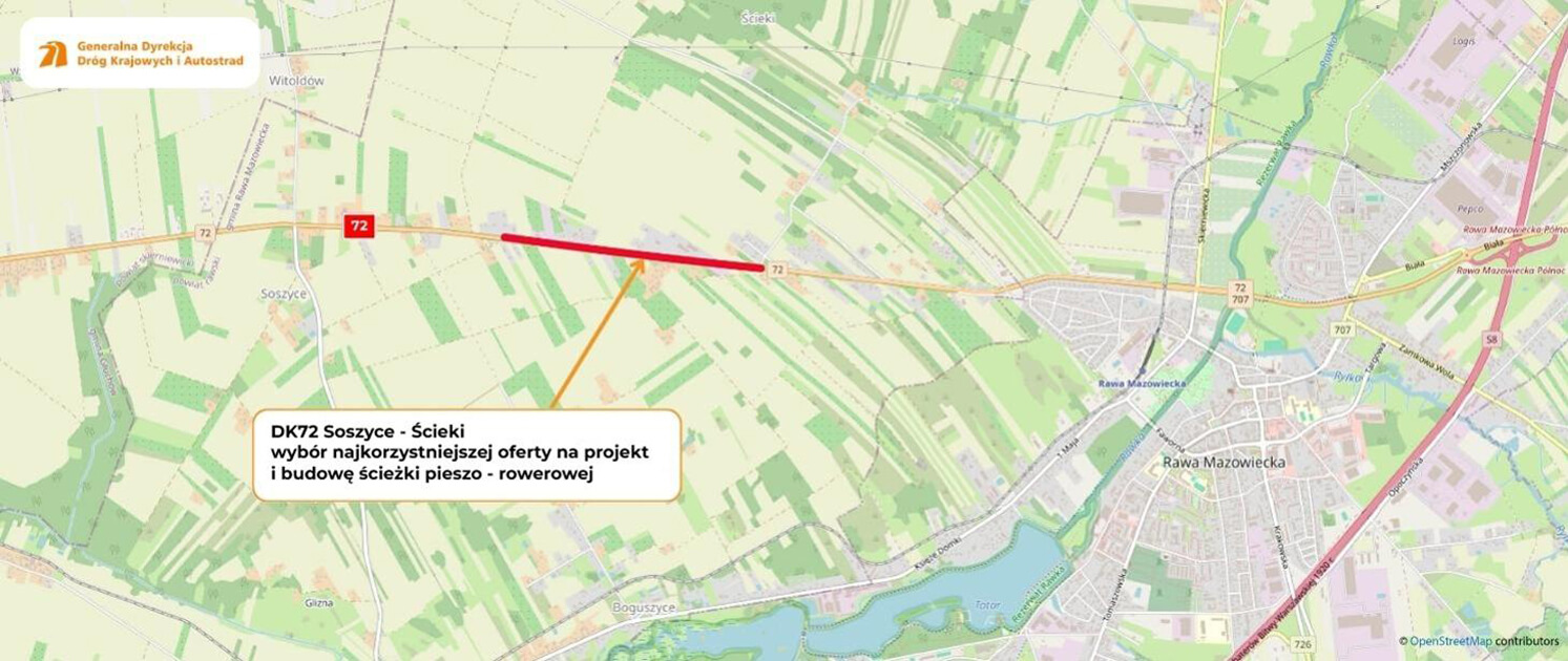 Ścieżka pieszo-rowerowa DK72 Soszyce – Ścieki – planowana trasa