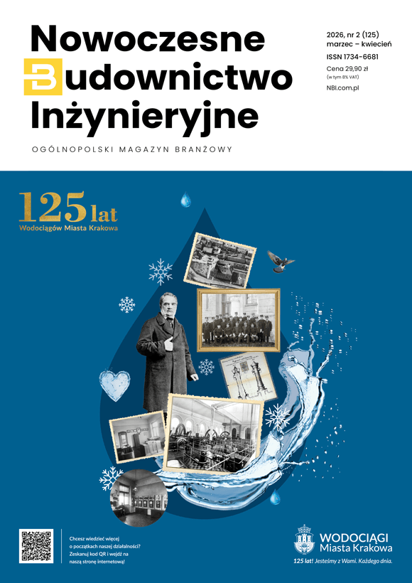 Okładka czasopisma Nowoczesne Budownictwo Inżynieryjne, wydanie marzec - kwiecień 2026 prezentująca 125 lat Wodociągów Miasta Krakowa SA i artykuł Historia, teraźniejszość, przyszłość