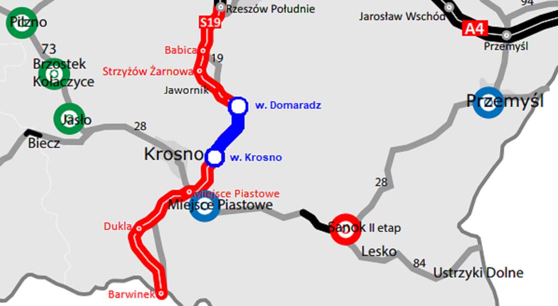 Budowa drogi S19 Rzeszów – Barwinek odc. Domaradz – Krosno Mapa