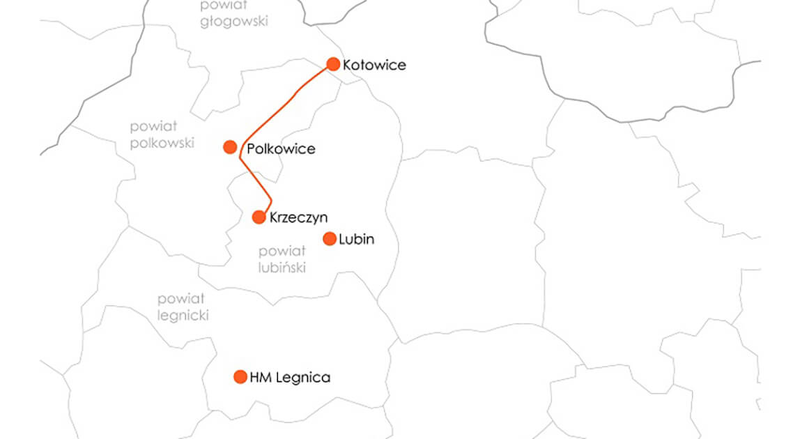 Planowany przebieg gazociągu Kotowice–Krzeczyn na terenie województwa dolnośląskiego, nowy gazociąg