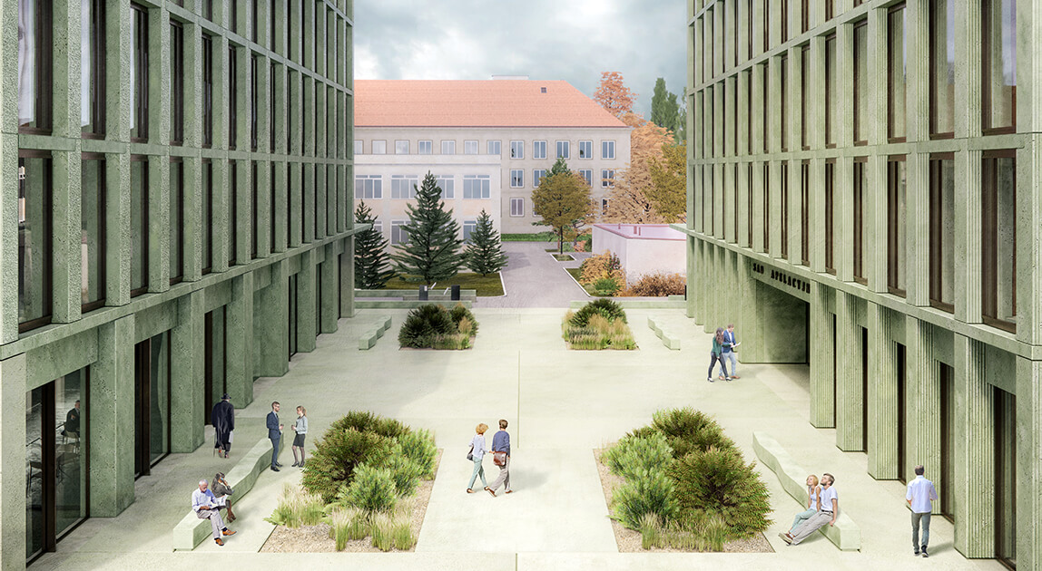 Nowe siedziby Sejmiku Mazowsza i Sądu Apelacyjnego w Warszawie, plac z zielenią