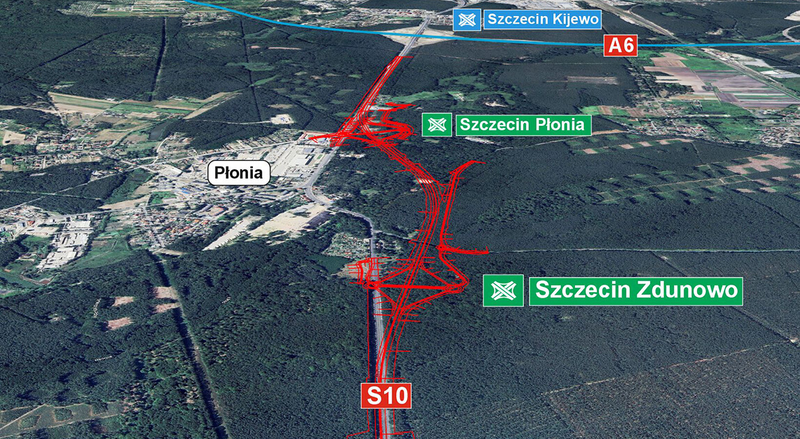 Wizualizacja przebiegu drogi ekspresowej S10 między węzłami Szczecin Kijewo a Szczecin Zdunowo, wydano decyzję ZRID