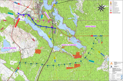 Mapka z orientacyjnym przebiegiem trzech wariantów planowanej obwodnicy Augustowa w ciągu DK16, obwodnica Augustowa warianty przebiegu