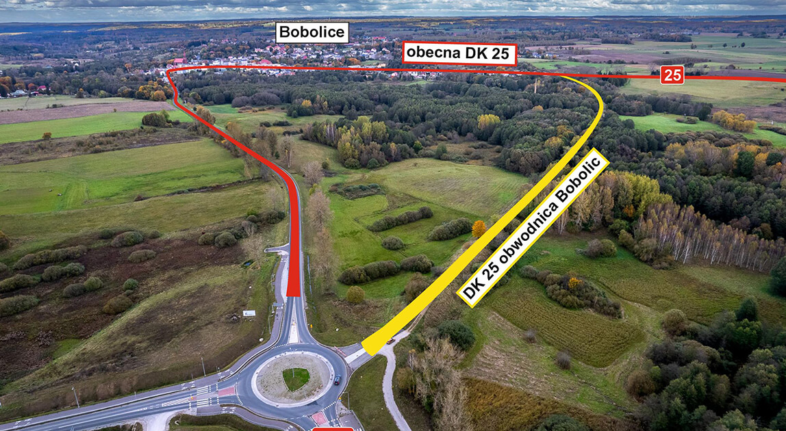 Wizualizacja przebiegu obwodnicy Bobolic w ciągu DK25