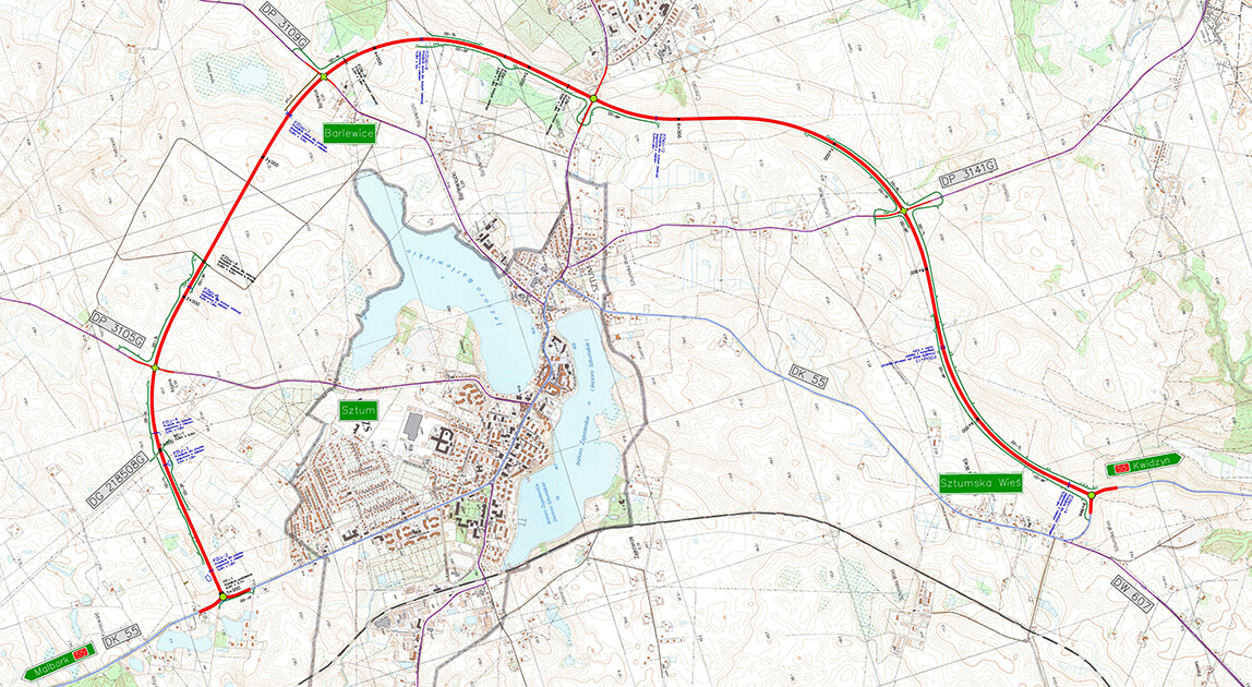 Wybrano wykonawcę obwodnicy Sztumu w ciągu drogi krajowej nr 55, Trakcja wykonawcą inwestycji, mapa przebiegu obwodnicy