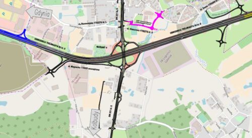 Mapa przedstawiająca wariant rozbudowy węzła Kowale na drodze ekspresowej S6.