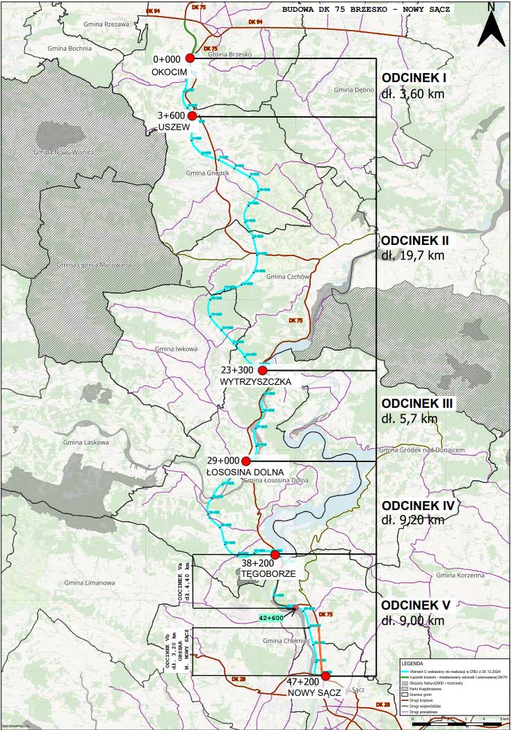Mapa przedstawiająca analizowany przebieg nowej drogi krajowej DK75 między Brzeskiem a Nowym Sączem.