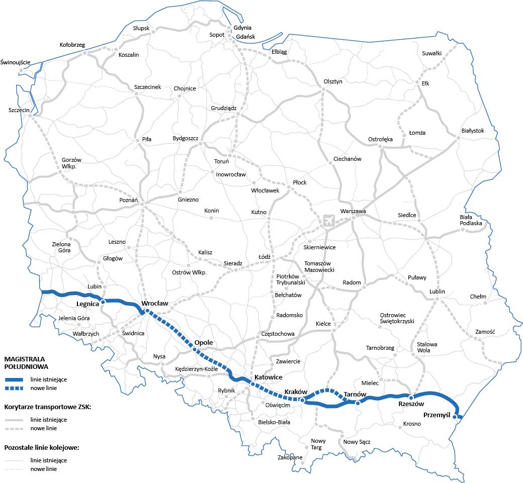 Mapa planowanej Magistrali Południowej w ramach rozwoju sieci kolejowej w Polsce.