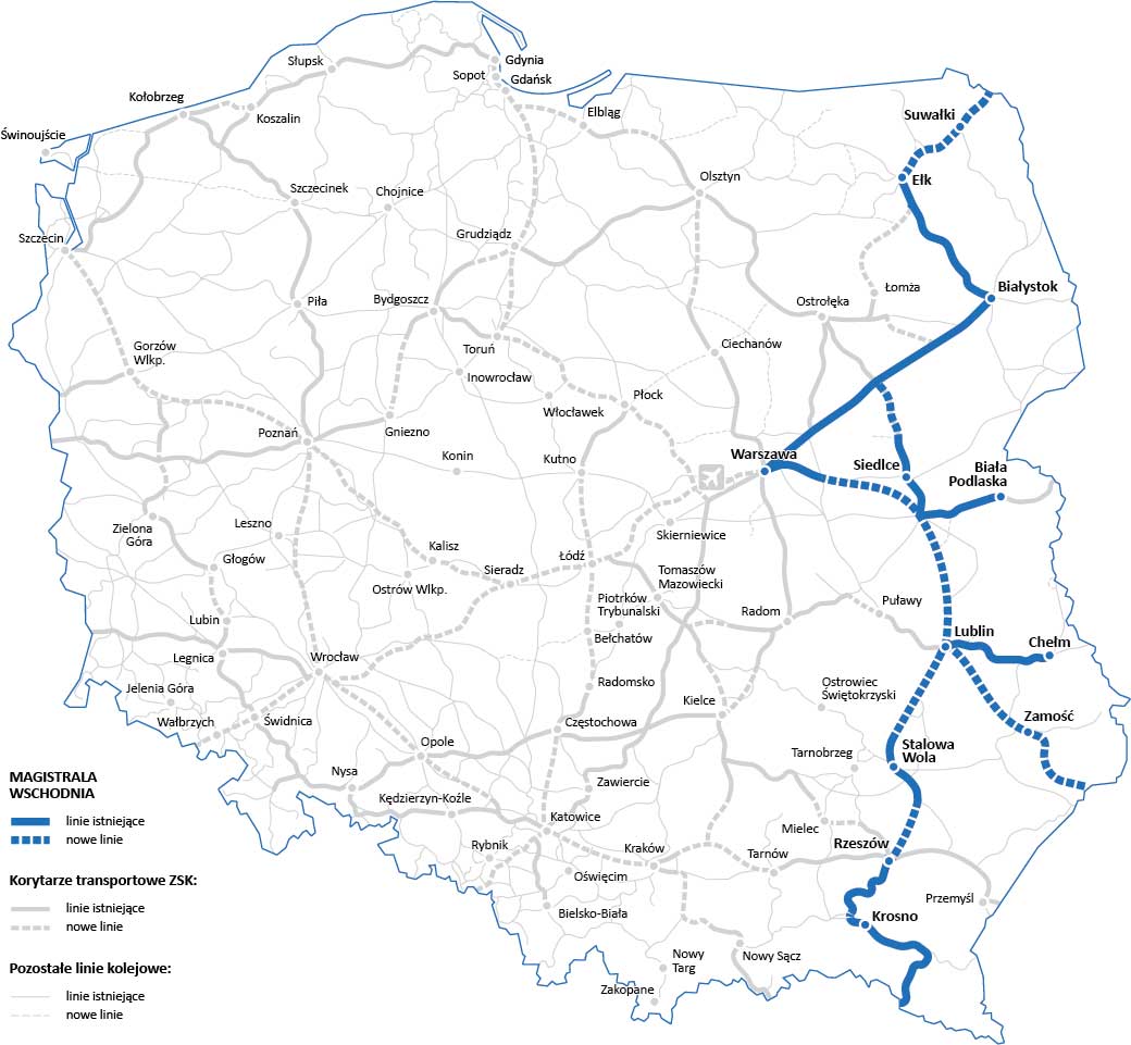Mapa planowanej Magistrali Wschodniej w ramach rozwoju sieci kolejowej w Polsce.