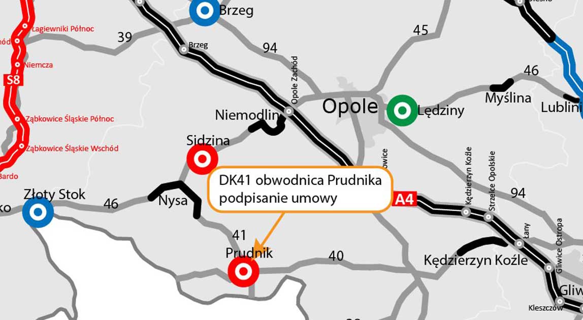 Mapa przedstawiająca lokalizację planowanej obwodnicy Prudnika w ciągu drogi krajowej nr 41.