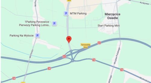 Mapa odcinka DW913 między węzłem Lotnisko na drodze S1 a ul. Równoległą w Pyrzowicach, objętego planowaną rozbudową.