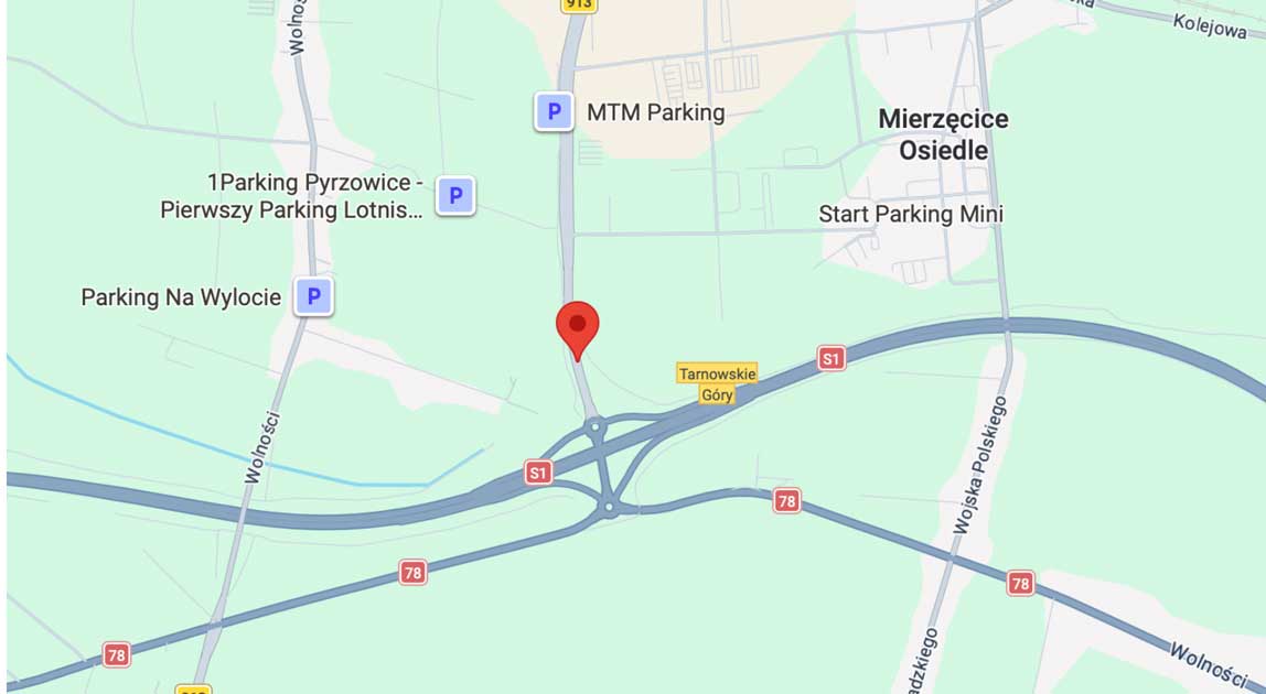 Mapa odcinka DW913 między węzłem Lotnisko na drodze S1 a ul. Równoległą w Pyrzowicach, objętego planowaną rozbudową.