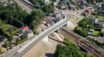 Widok z lotu ptaka na wiadukt drogowy nad linią kolejową w Żorach.