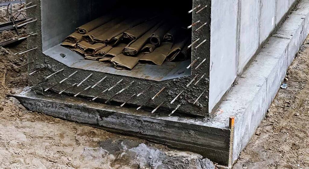 Szczegół skrajnej strefy płyty fundamentowej w obrębie planowanej głowicy przepustu wykonywanej na mokro