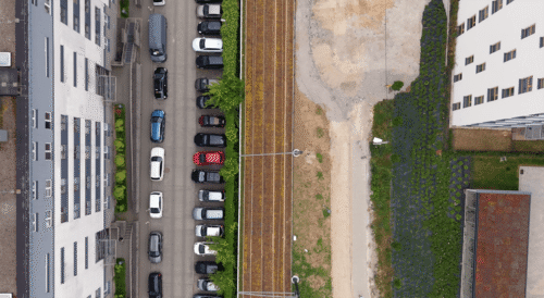 Zielone torowisko z matami rozchodnikowymi na budowie linii tramwajowej do Mistrzejowic, rozchodnik