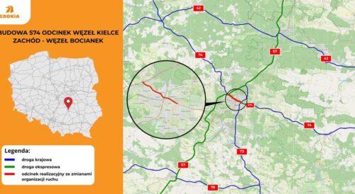 Mapa budowy S74 między węzłami Kielce Zachód i Bocianek