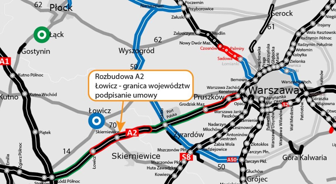 Mapa rozbudowy A2 od węzła Łowicz do granicy województw łódzkiego i mazowieckiego