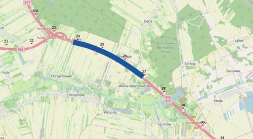 Mapa remontowanego odcinka S12 między węzłami Kurów Zachód i Kurów Wschód