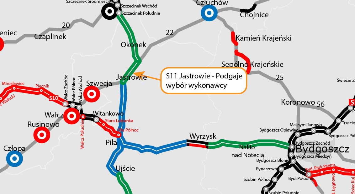 Mapa z S11 Podgaje–Jastrowie na trasie planowanego połączenia Szczecinka z Piłą