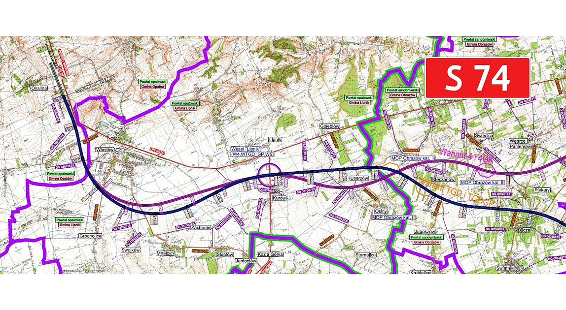 Mapa planowanego przebiegu S74 Opatów–Nisko