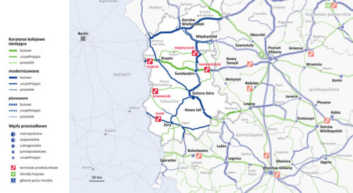 Mapa planowanych i modernizowanych linii kolejowych w województwie lubuskim