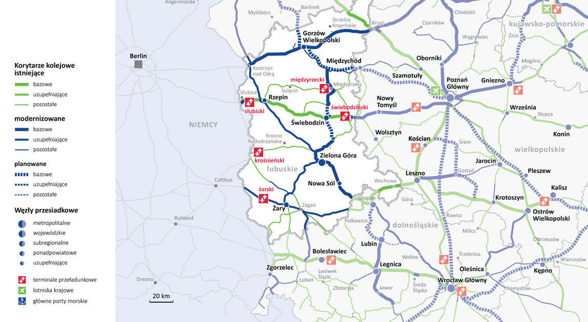 Mapa planowanych i modernizowanych linii kolejowych w województwie lubuskim
