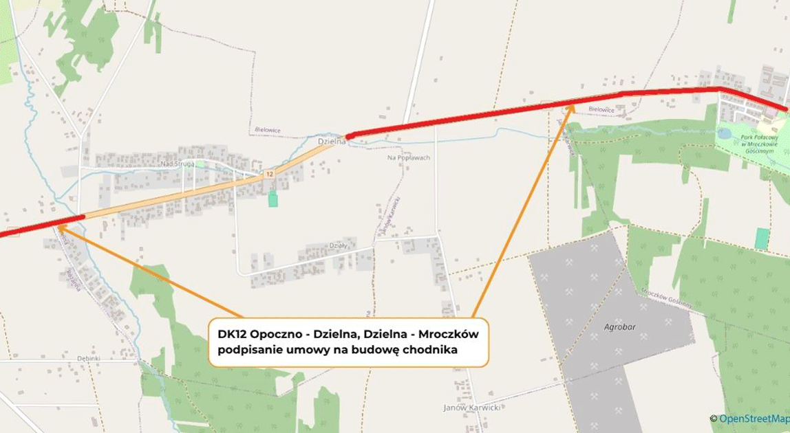 Mapa planowanych odcinków chodników przy DK12 między Opocznem, Dzielną i Mroczkowem Gościnnym