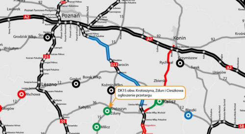 Mapa lokalizacji planowanej obwodnicy Krotoszyna, Zdun i Cieszkowa w ciągu DK15
