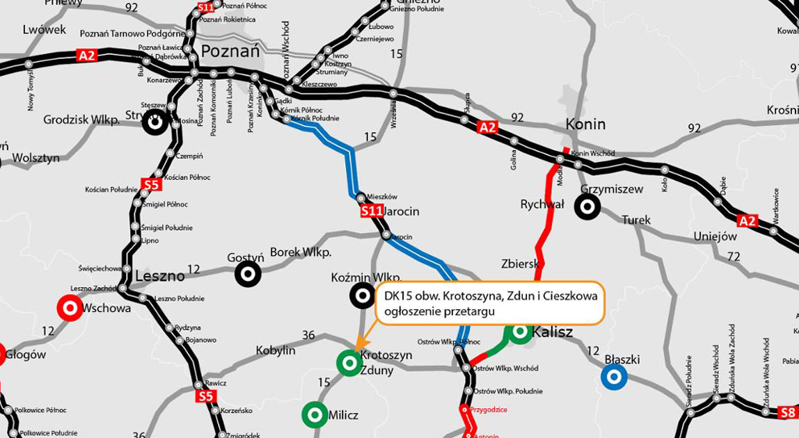 Mapa lokalizacji planowanej obwodnicy Krotoszyna, Zdun i Cieszkowa w ciągu DK15