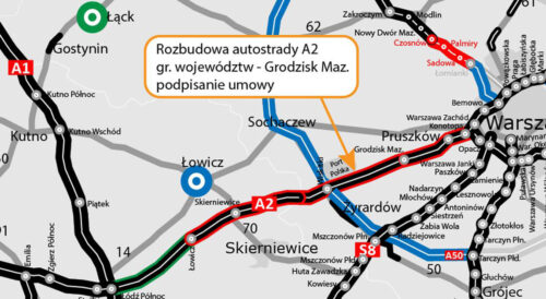 Mapa odcinka A2 od granicy województw łódzkiego i mazowieckiego do Grodziska Mazowieckiego objętego umową