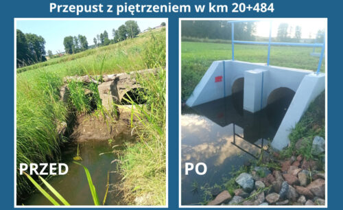 Przepust z piętrzeniem na rzece Rokietnica przed remontem i po zakończeniu prac